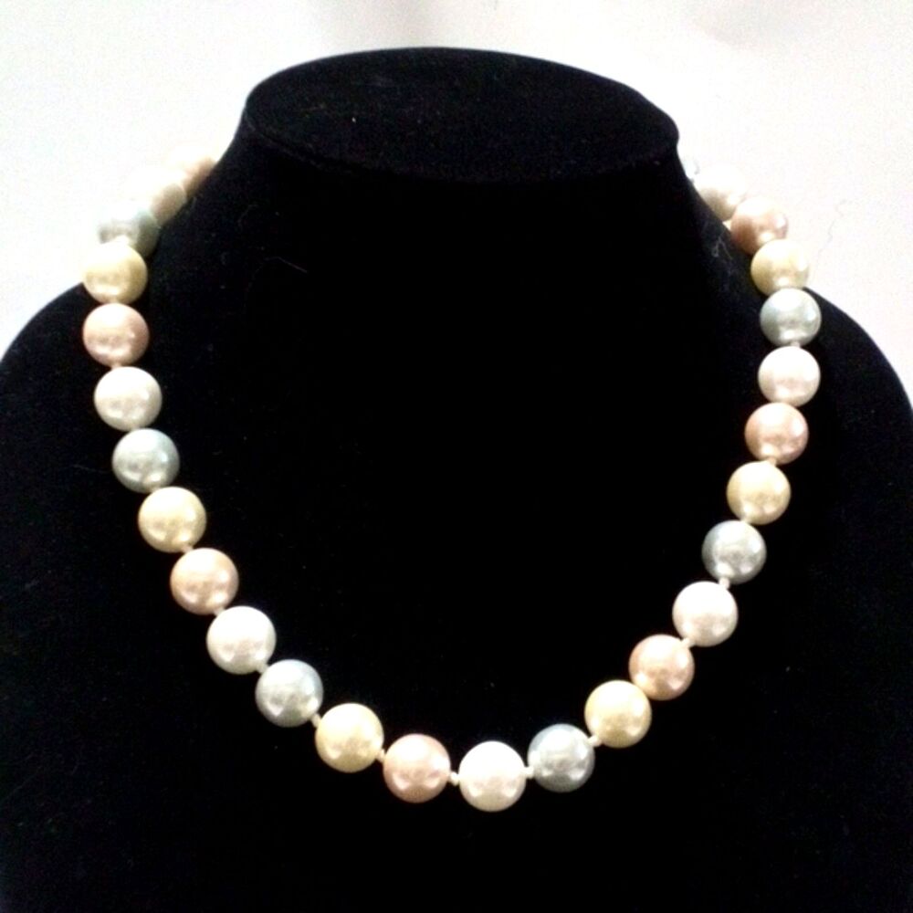 Chunky Multi Pastel Faux Pearl Hand Knotted Necklace 16"